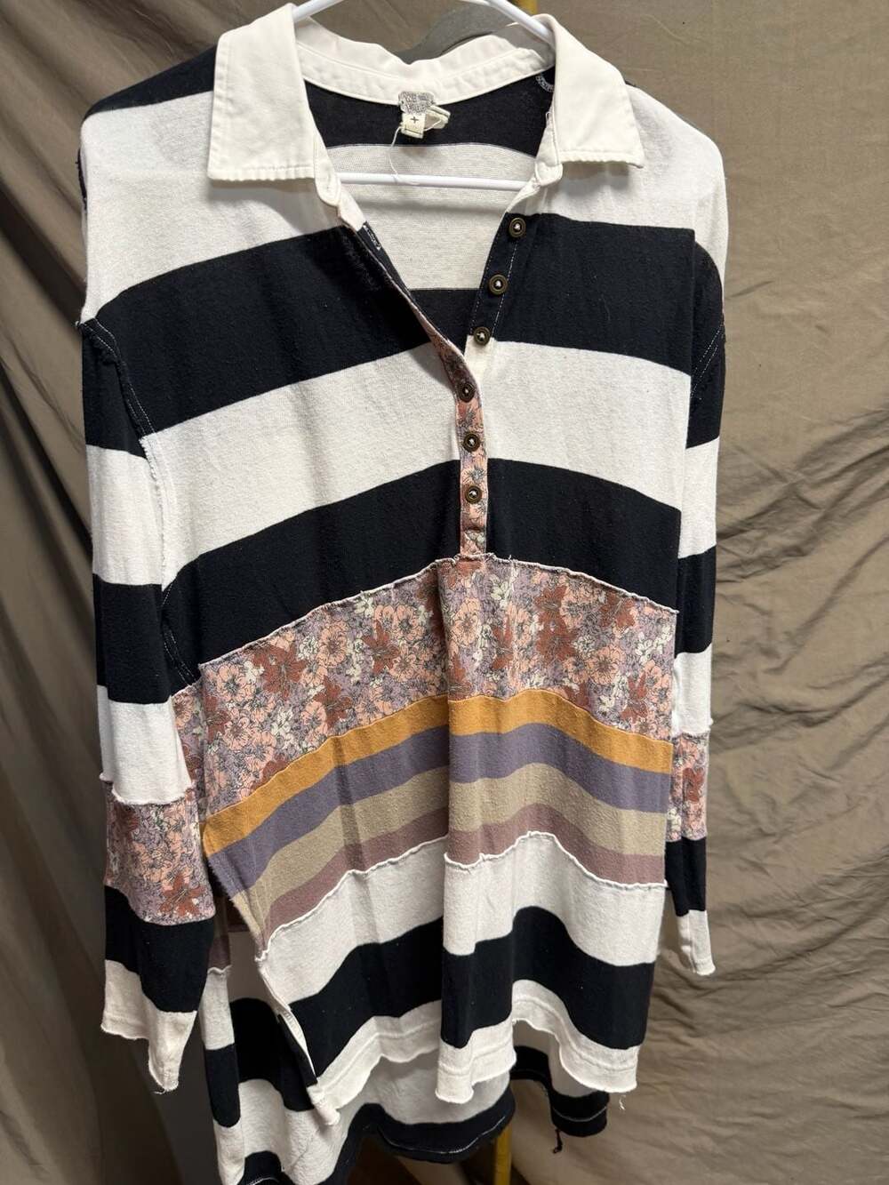 038 We The Free Black And White Striped Patchwork Button Collar Top Size XS